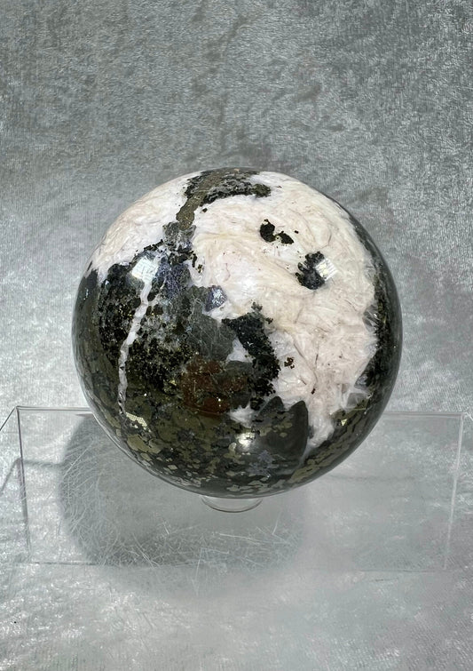 Stunning Large Pyrite and Pink Calcite Crystal Sphere. 75mm. Amazing UV Reactive Crystal. Beautiful And Flashy!