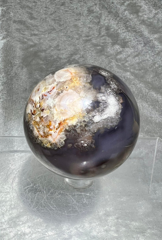 Gorgeous Black Flower Agate Sphere. 58mm. Very Unique And Pretty Display Piece.