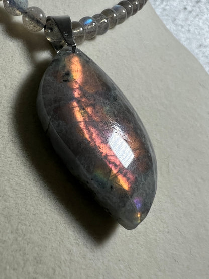 Labradorite Crystal Pendant. Stunning High Quality Jewelry. Custom Made Labradorite Beaded Necklace