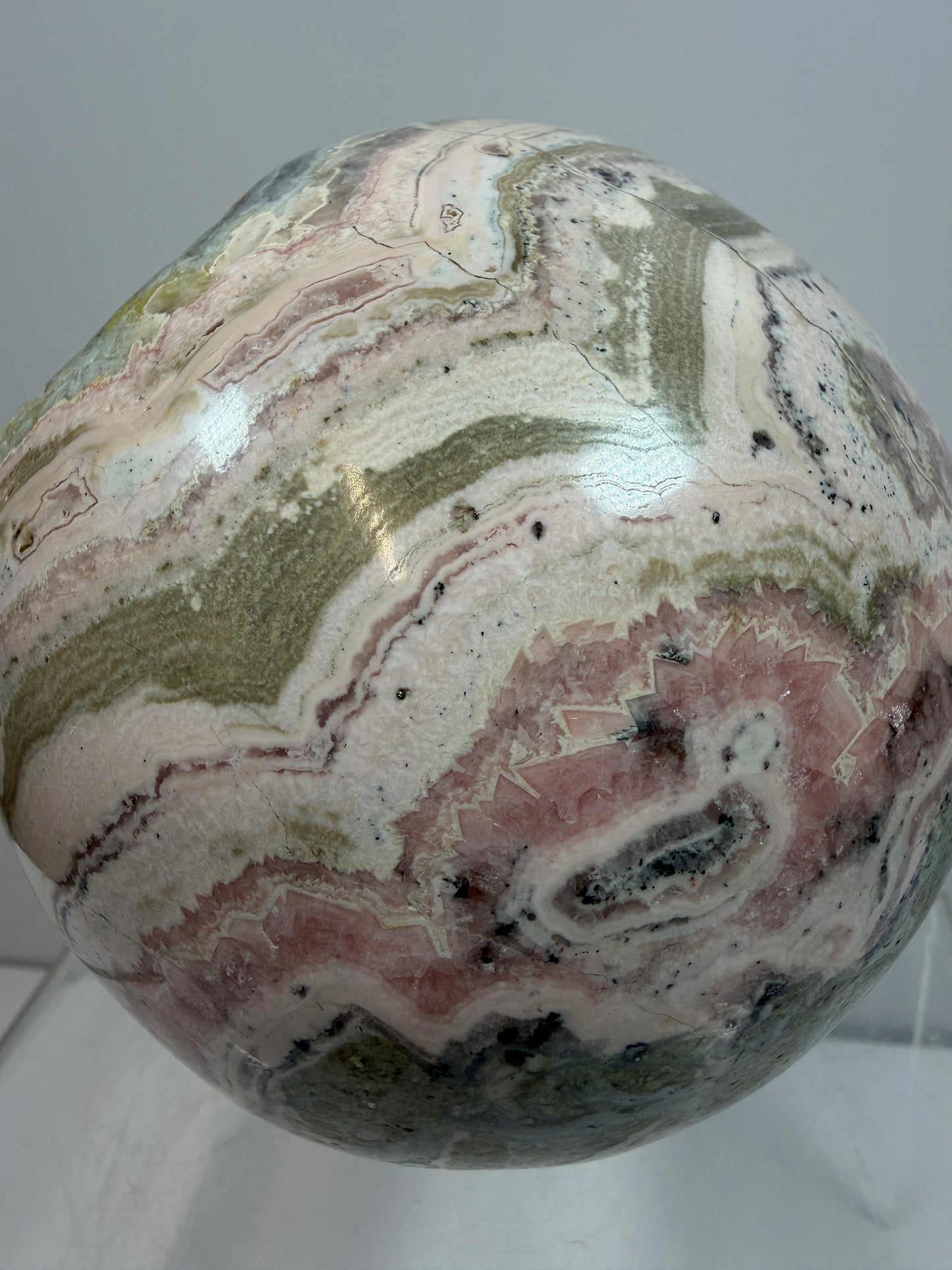 Rhodochrosite Crystal Sphere. 92mm. XL Rare Druzy Display Sphere. Amazing Druzy And Banding