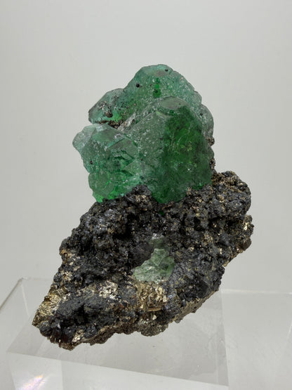 Green Fluorite And Pyrite Specimen From The Famous Milpo Mine In Peru. High Quality Rare Fluorite Specimen. Gorgeous Display Crystal