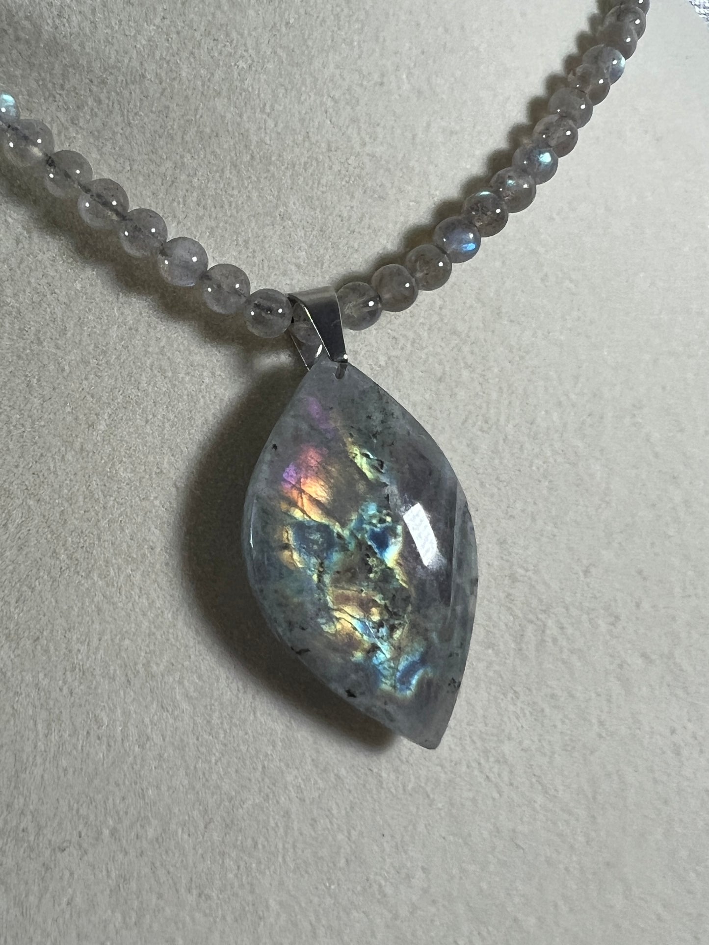 Labradorite Crystal Pendant. Stunning High Quality Jewelry. Custom Made Labradorite Beaded Necklace