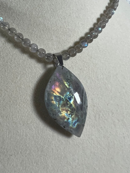 Labradorite Crystal Pendant. Stunning High Quality Jewelry. Custom Made Labradorite Beaded Necklace