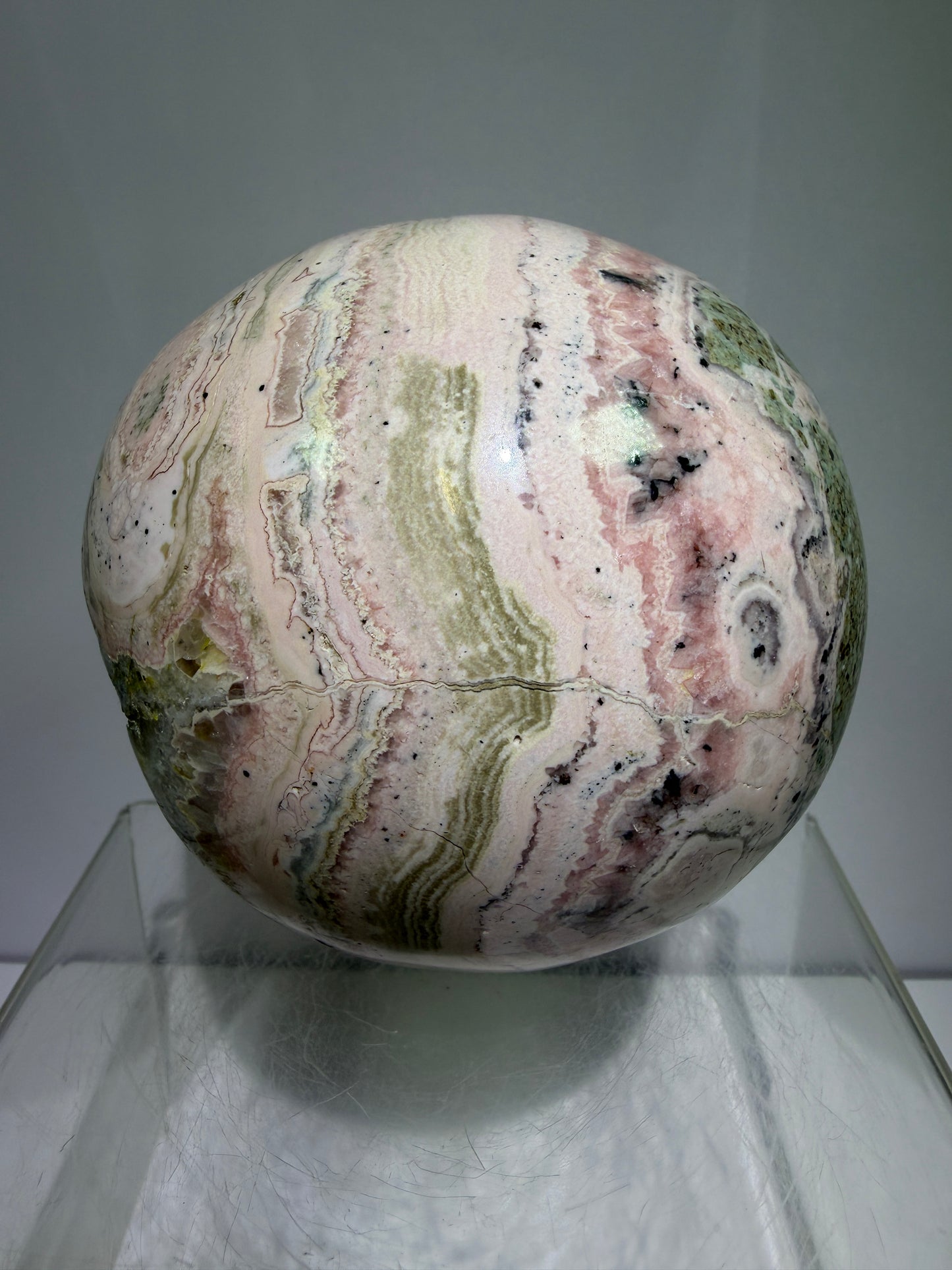 Rhodochrosite Crystal Sphere. 92mm. XL Rare Druzy Display Sphere. Amazing Druzy And Banding