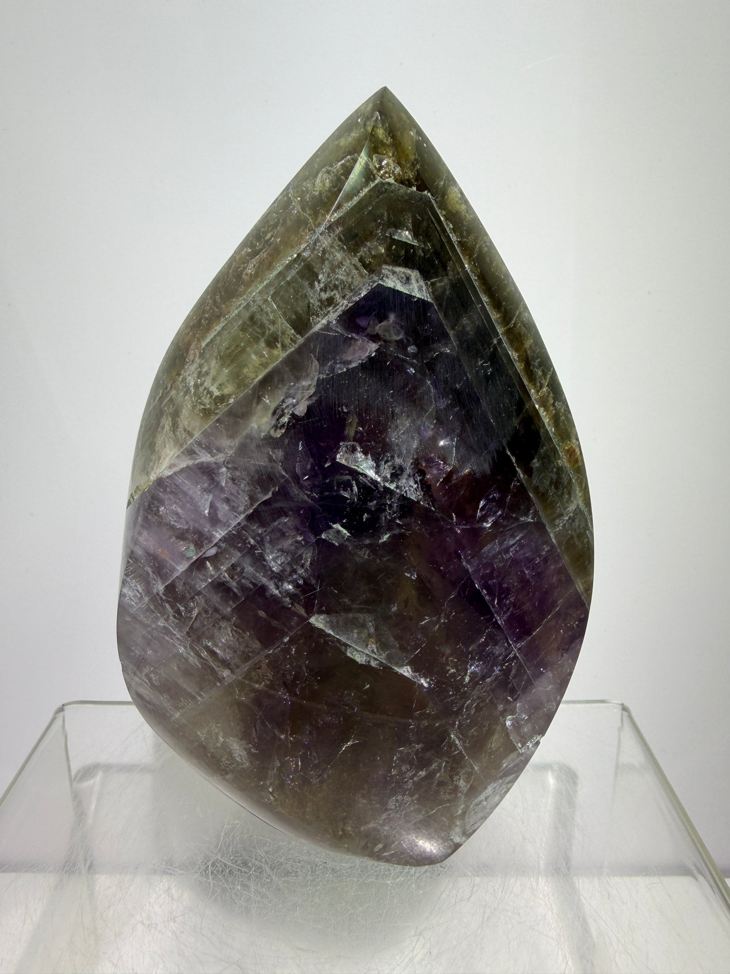 Amethyst Cacoxenite Flame. Stunning Purple Smoky Amethyst Polished Flame From Brazil. Beautiful Amethyst Display Crystal