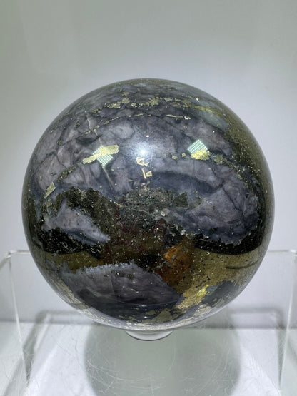 Pyrite And Purple Agate Sphere. 62mm. Beautiful Color Combination. Unique Display Sphere.