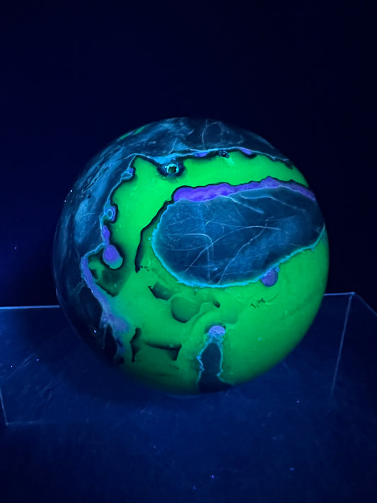 Volcano Agate With Purple Chalcedony Sphere. 68mm. Beautiful Rare Purple And Green UV Reaction. Amazing High Quality Display Sphere.