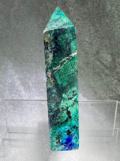 Azurite, Chrysocolla, And Malachite Druzy Tower. Rare And Beautiful Crystal Point.