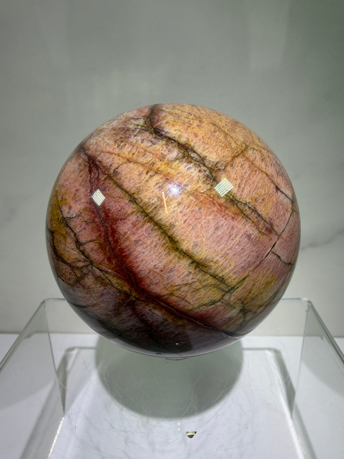 Pink Amazonite Crystal Sphere. 76mm. Stunning Colors And Flash. Gorgeous Rare Display Sphere.