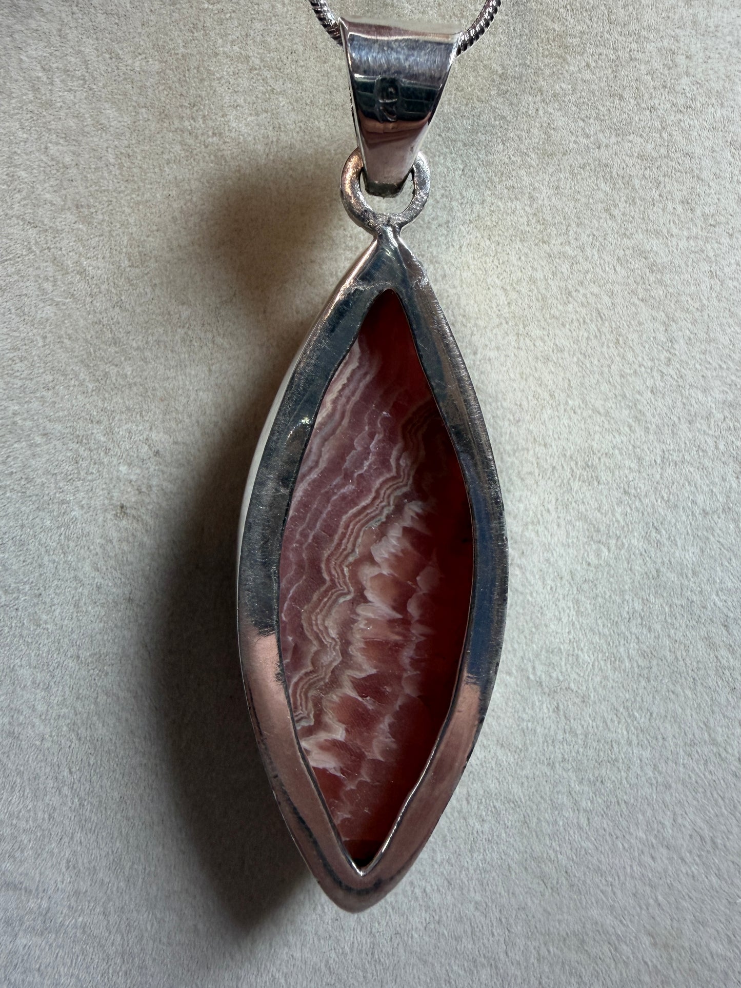 Rhodochrosite Crystal Pendant. S925 Silver Setting. Amazing Colors And Banding. High Quality Crystal Jewelry