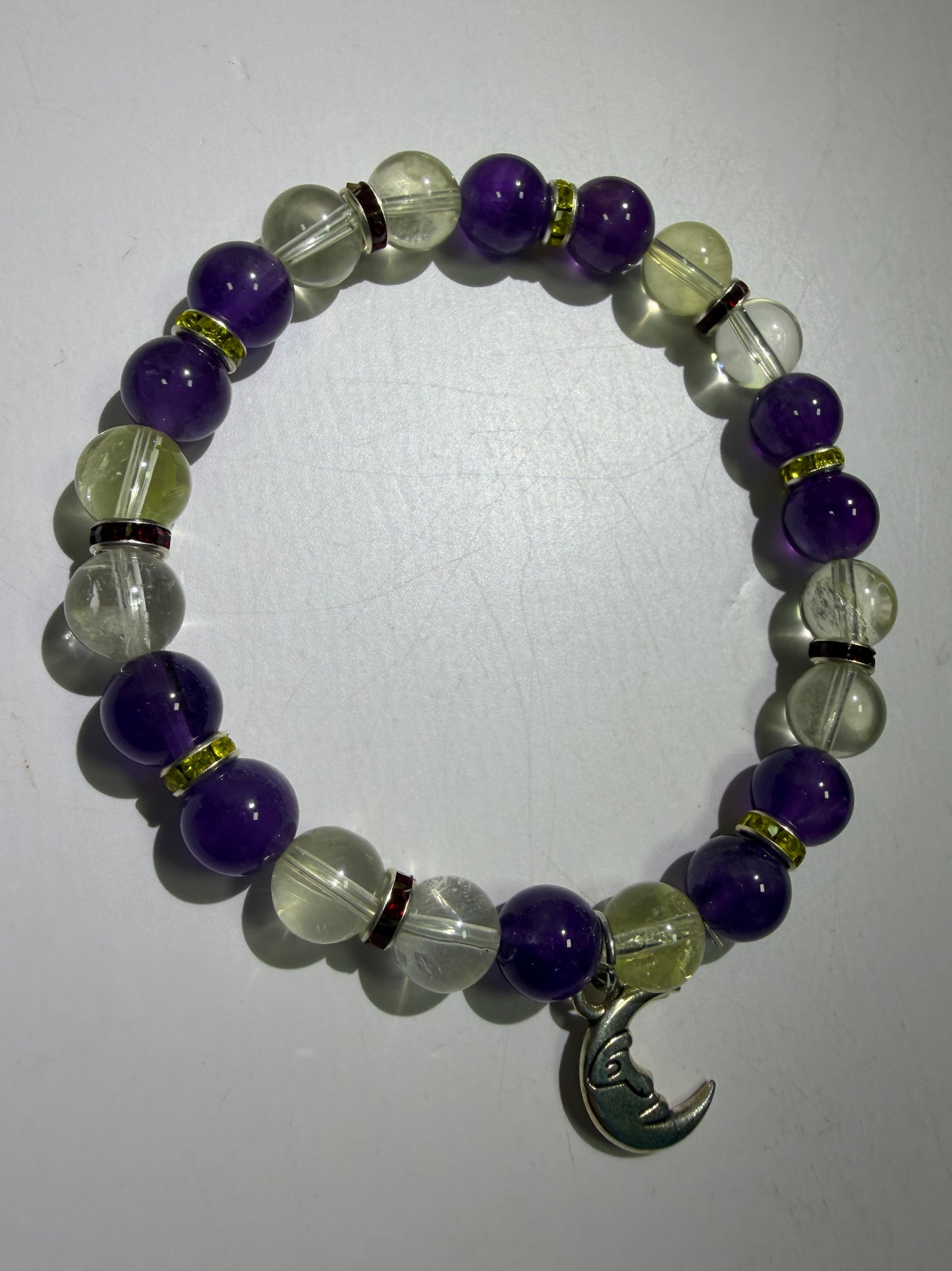 Amethyst And Citrine Crystal Bead Bracelet. 8mm. High Quality Bracelet With Amazing Spacers And Moon Charm.