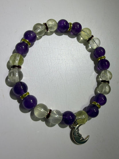 Amethyst And Citrine Crystal Bead Bracelet. 8mm. High Quality Bracelet With Amazing Spacers And Moon Charm.