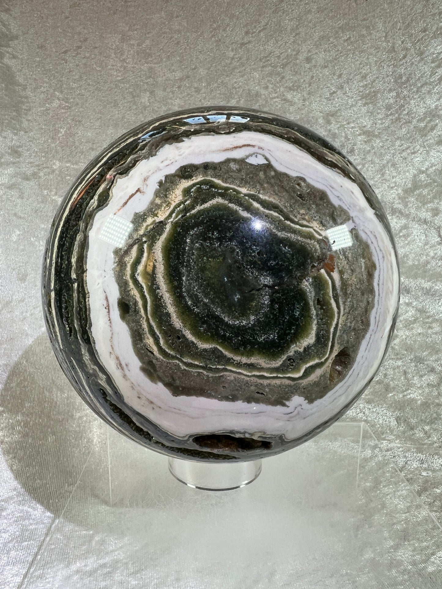 Ocean Jasper Sphere. XL Druzy Display Sphere. 147mm, 9.4 lbs. Gorgeous Colors With Stunning Druzy. Showstopper!