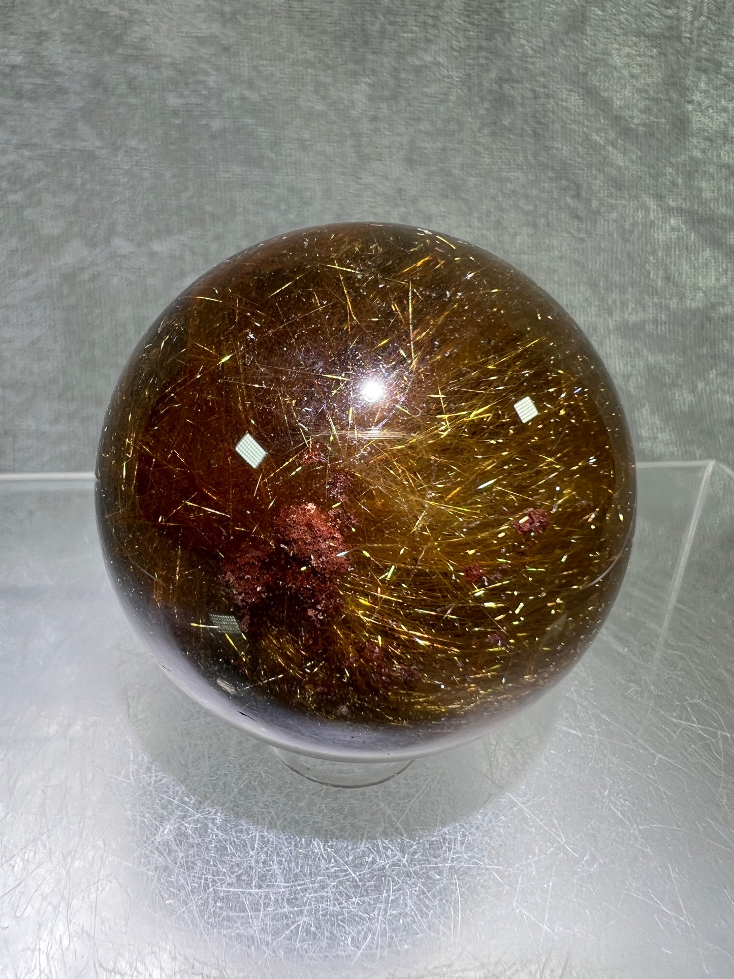 Rutile Quartz Sphere. Gorgeous Dark Smoky Quartz With Garden And Golden Rutile Inclusions. Amazing Rare Sphere!