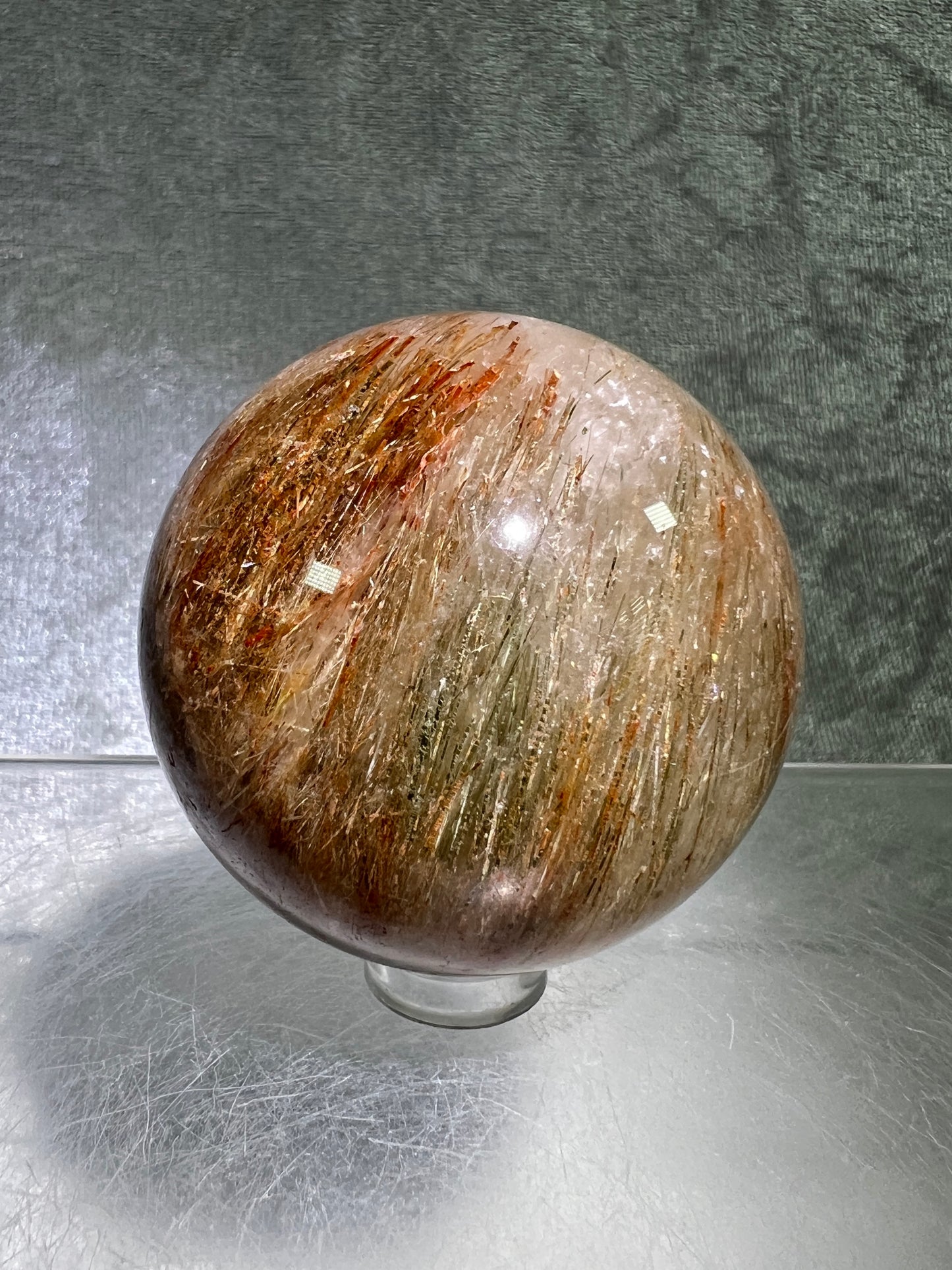 Tourmalinated Quartz Sphere. 53mm. Gorgeous Red And Green Tourmaline Inclusions. Stunning Rare Display Sphere.
