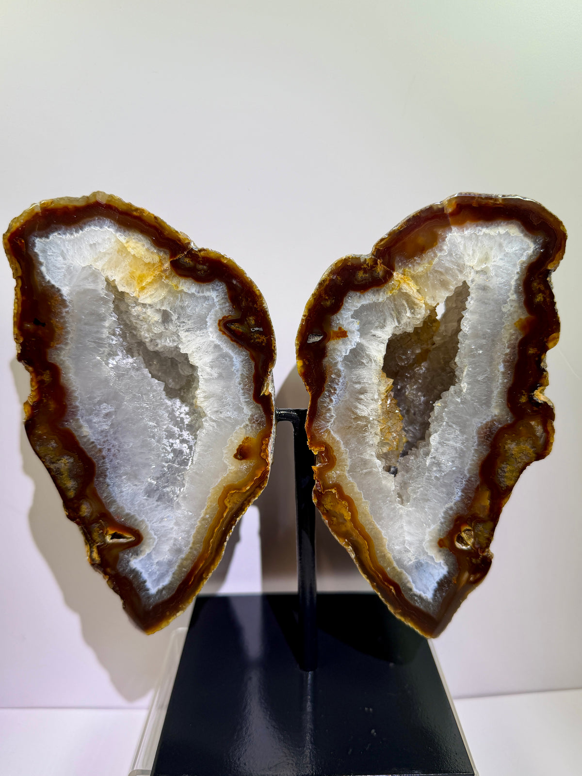 Agate Geode Wings From Brazil. Gorgeous Large Split Geode On A Custom Stand. Amazing Druzy Display Crystal
