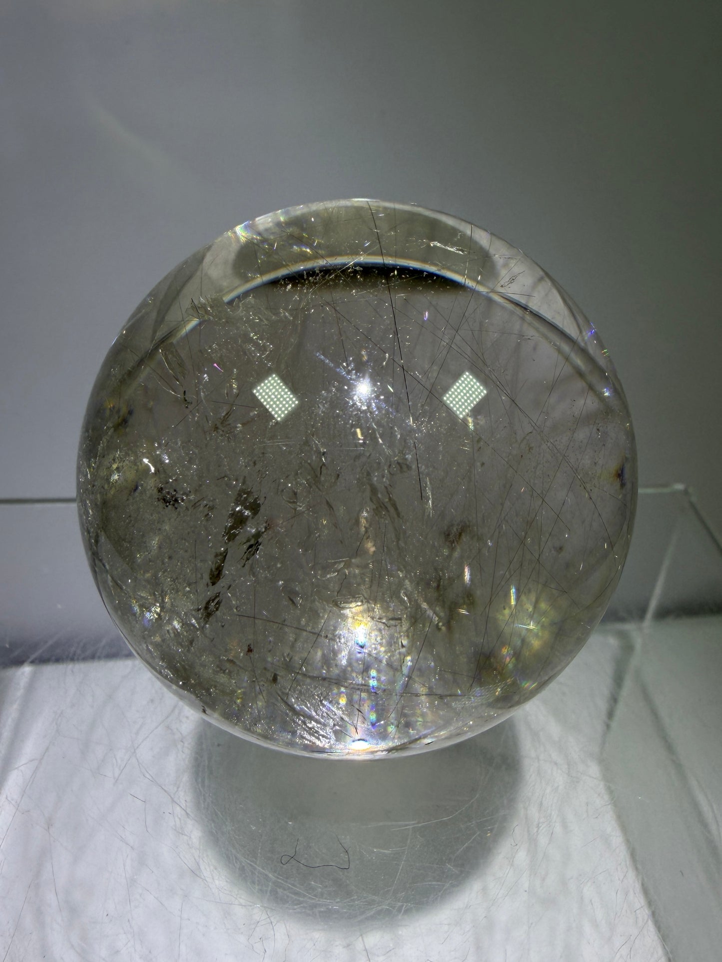Rutile Quartz Sphere. 51mm. Rare Gold And Silver Rutilated Quartz With Amazing Rainbows.