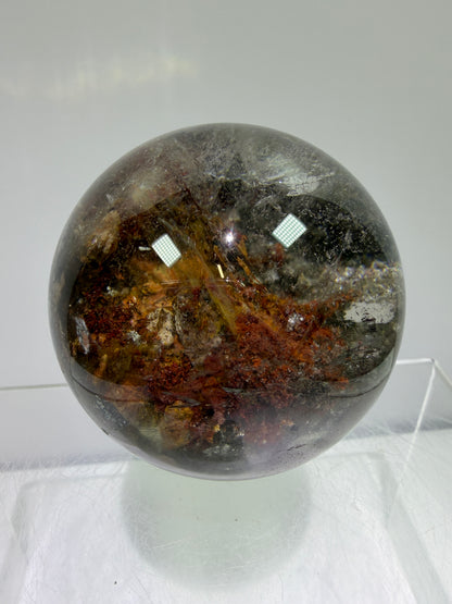 Garden Quartz Lodolite Sphere. 57mm. Orange And Red Colorful Landscape. High Quality With Rare Colors!