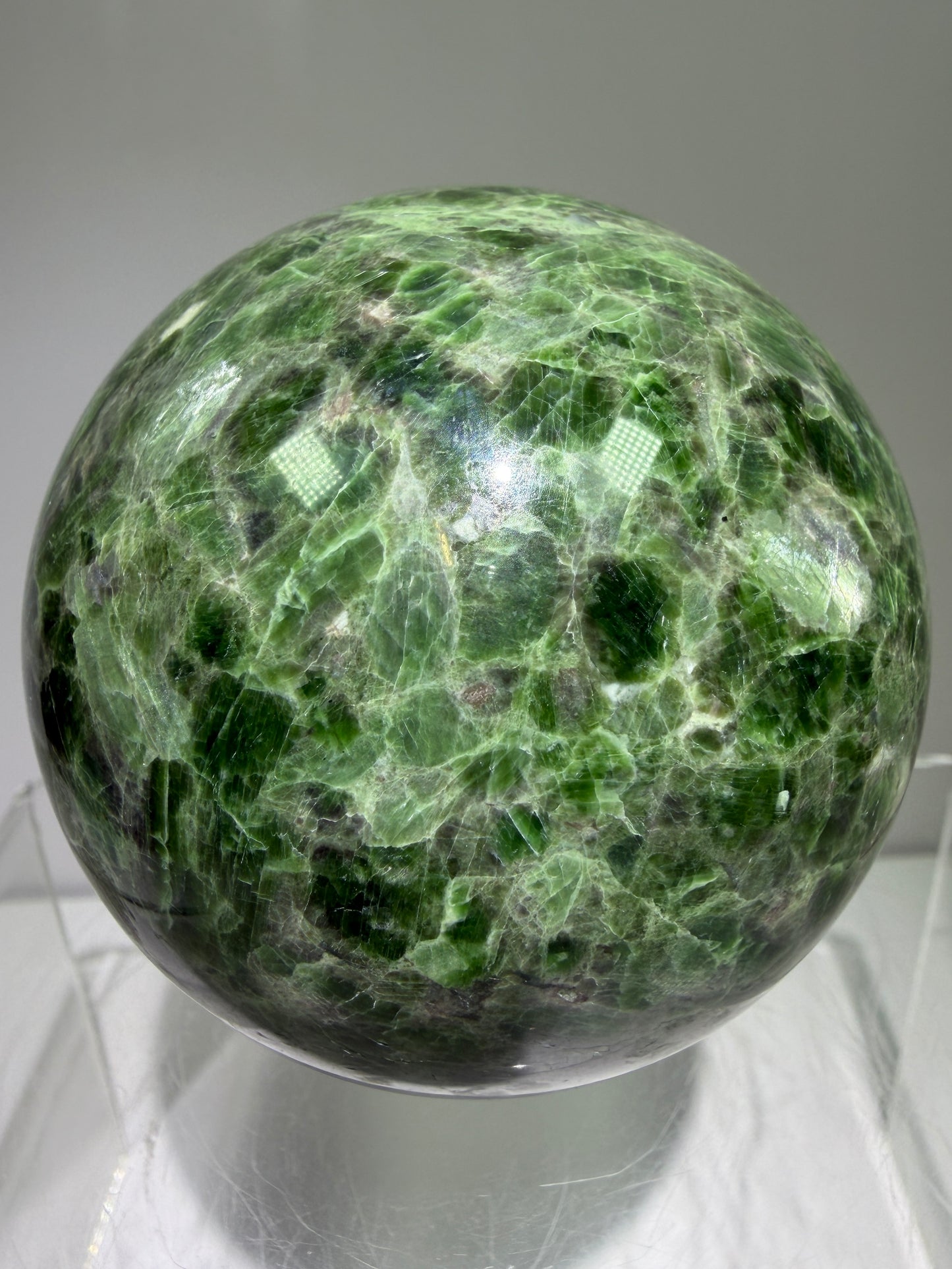 Diopside Crystal Sphere. 68mm. Very Rare And Unique Display Sphere. Lots Of Beautiful Flash