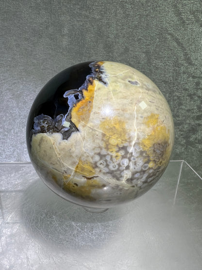 Volcano Agate Sphere. 71mm. Gorgeous Blue Druzy. Intense Green UV Reactive Sphere. Awesome Color Contrast.