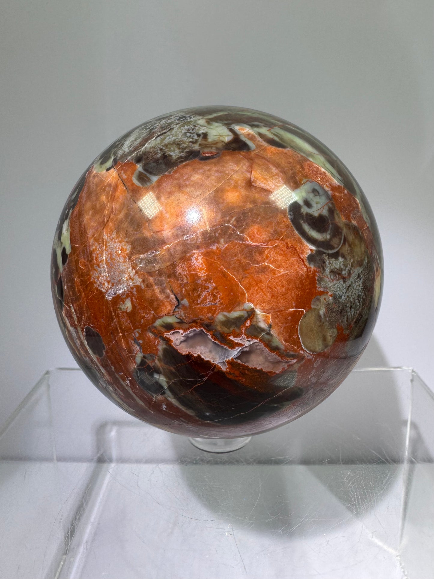 Money Agate Crystal Sphere. 72mm. Very Rare Shades Of Green. Stunning Indonesian Bloodstone. Amazing Colors And Patterns
