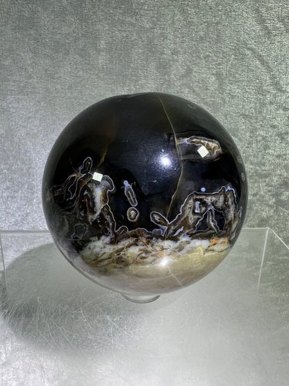 Volcano Agate Sphere. 71mm. Gorgeous Blue Druzy. Intense Green UV Reactive Sphere. Awesome Color Contrast.