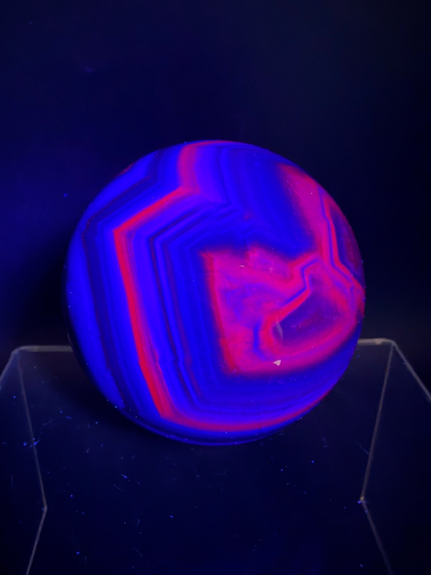 Black Rose Fluorite Sphere. 63mm. Incredible UV Reactive Crystal With Rainbows. Bright Red And Purple Reaction. Rare Display Sphere.