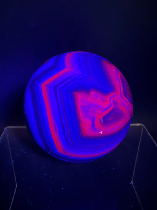 Black Rose Fluorite Sphere. 63mm. Incredible UV Reactive Crystal With Rainbows. Bright Red And Purple Reaction. Rare Display Sphere.