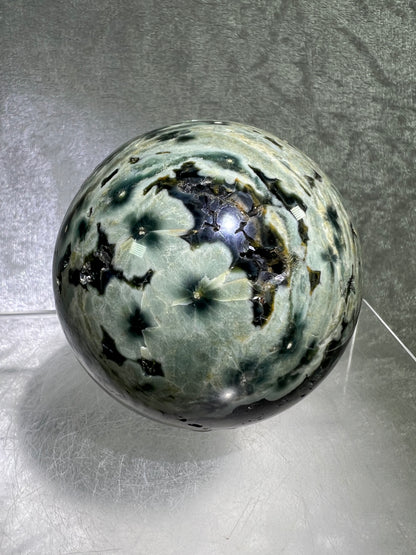 Ocean Jasper Sphere. 69mm. Very Cool Green Druzy. Stunning And Unique Display Sphere.