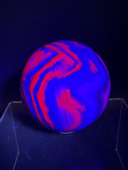 Black Rose Fluorite Sphere. 63mm. Incredible UV Reactive Crystal With Rainbows. Bright Red And Purple Reaction. Rare Display Sphere.