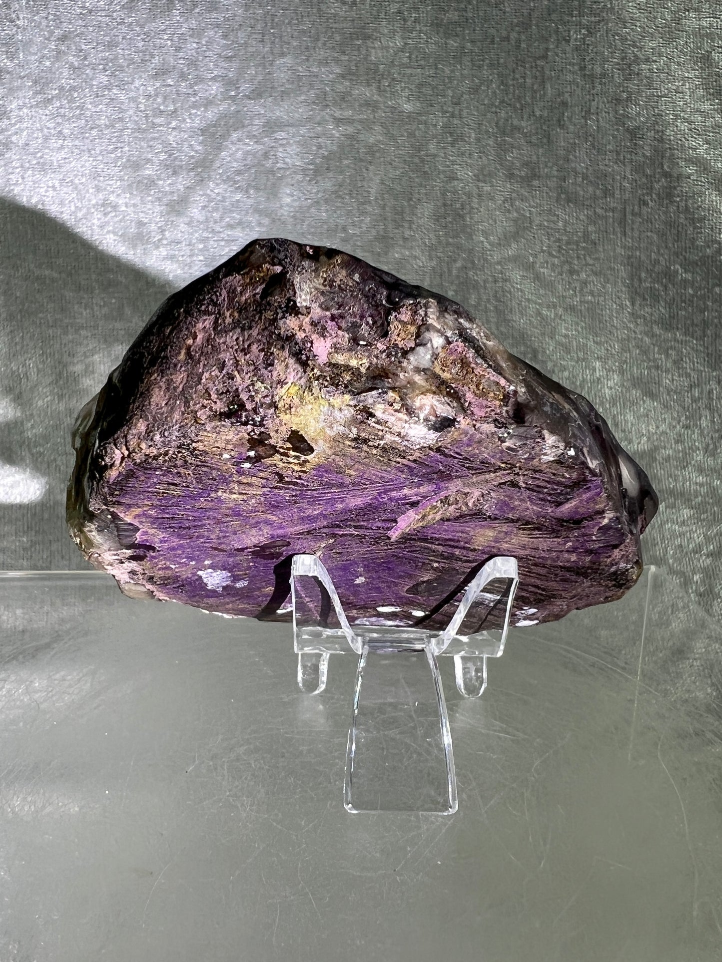 Purpurite Crystal Slab. Stunning Purpurite Freeform With A Resin Coating. Gorgeous Intense Purple Flash!