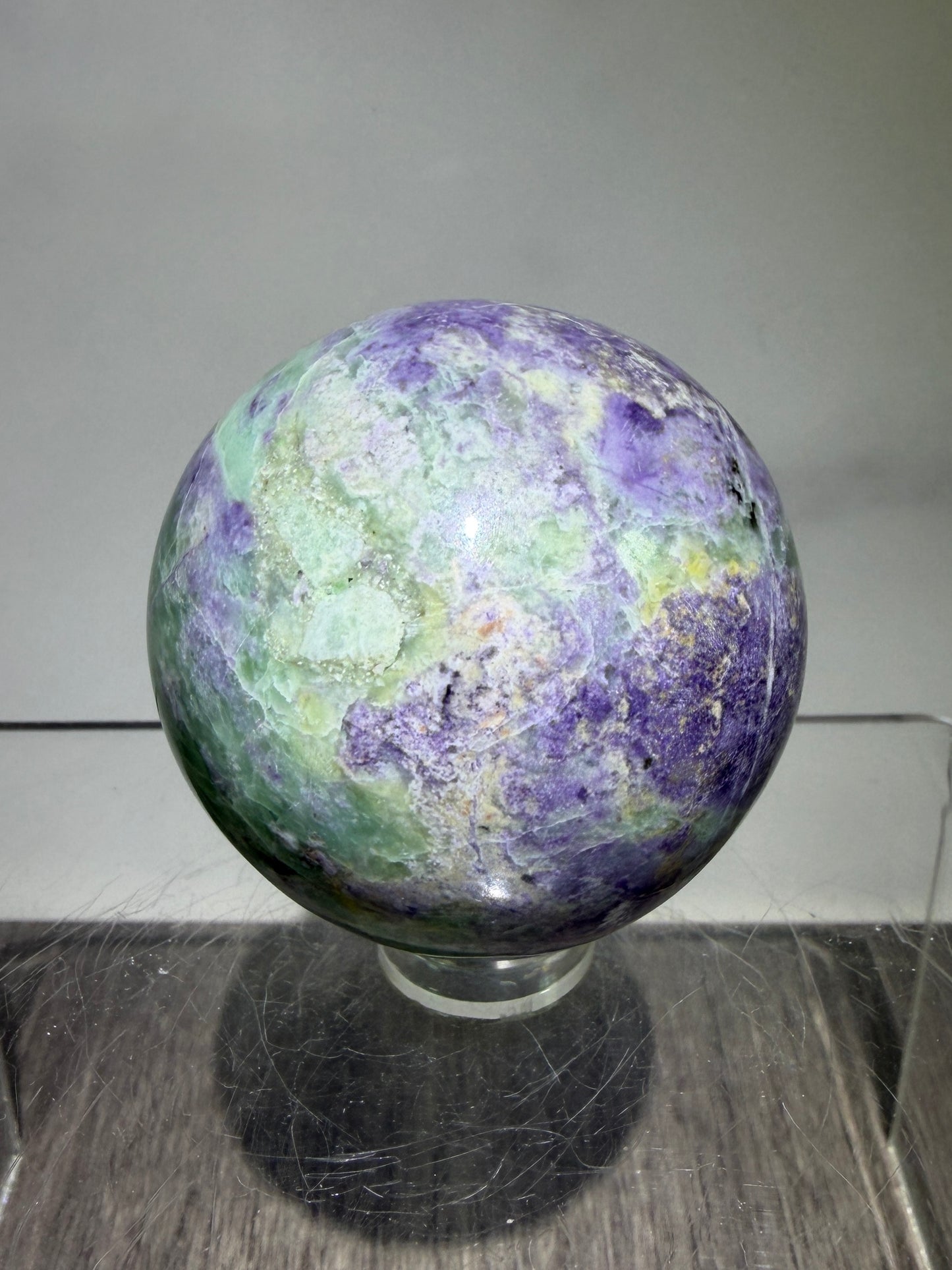 Bolivianite Crystal Sphere. 44mm. Beautiful Combination Of Fluorite And Serpentine. Amazing Rare New Material.