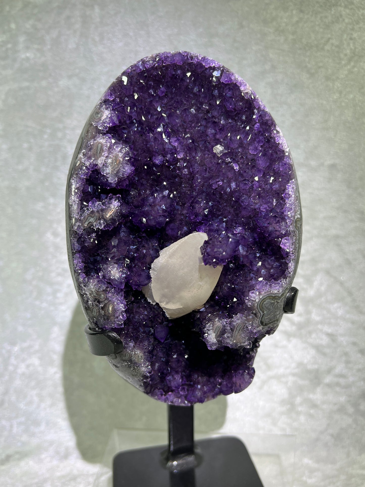 Amethyst And Calcite Geode. World Class Uruguayan Specimen. Gorgeous AA Quality Statement Piece! Custom Made Stand