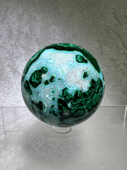Malachite And Druzy Chrysocolla Sphere. 65mm. Gorgeous Rare Collectors Piece. Amazing Patterns With Vibrant Colors.