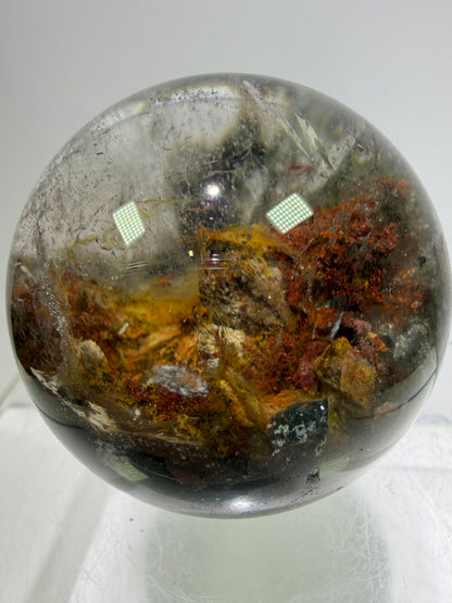 Garden Quartz Lodolite Sphere. 57mm. Orange And Red Colorful Landscape. High Quality With Rare Colors!