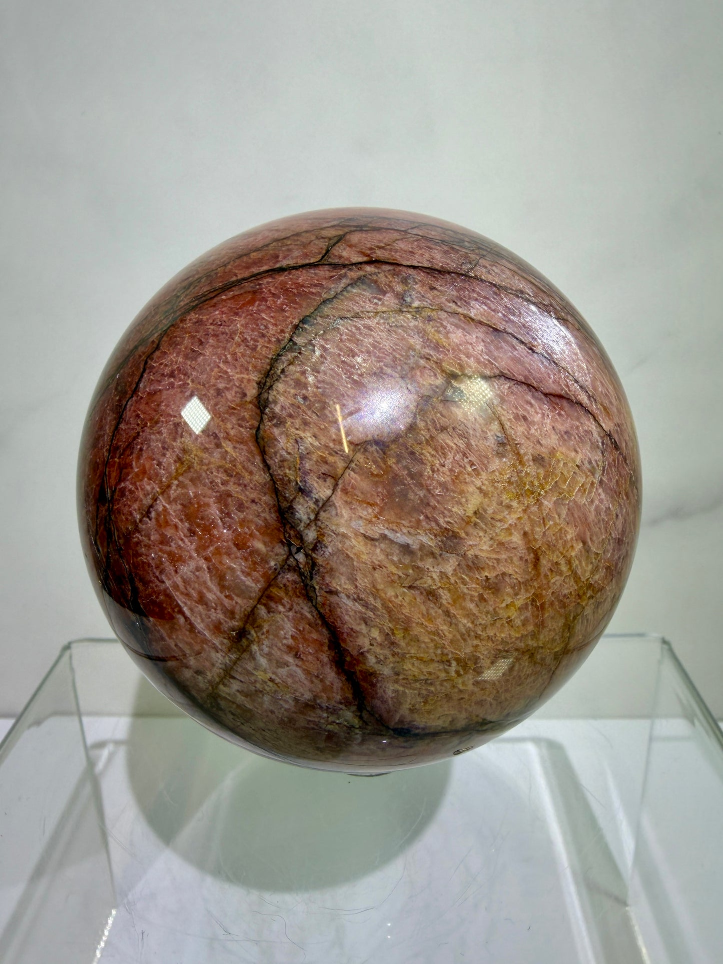 Pink Amazonite Crystal Sphere. 76mm. Stunning Colors And Flash. Gorgeous Rare Display Sphere.