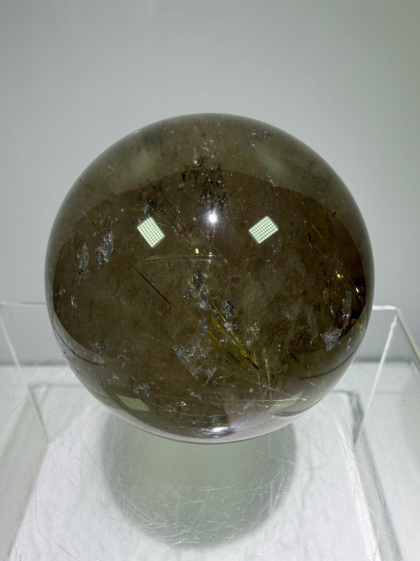 Rutile Quartz Sphere. 58mm. Unique Smoky Quartz With Beautiful Golden Rutile Inclusions.