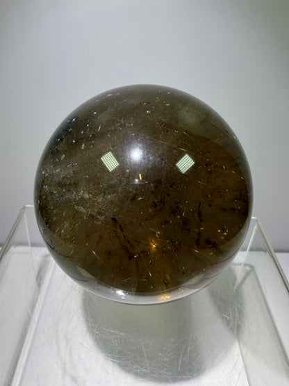 Rutile Quartz Sphere. 70mm. Large Smoky Quartz With Rare Golden Rutile Inclusions. Nice Quality Display
