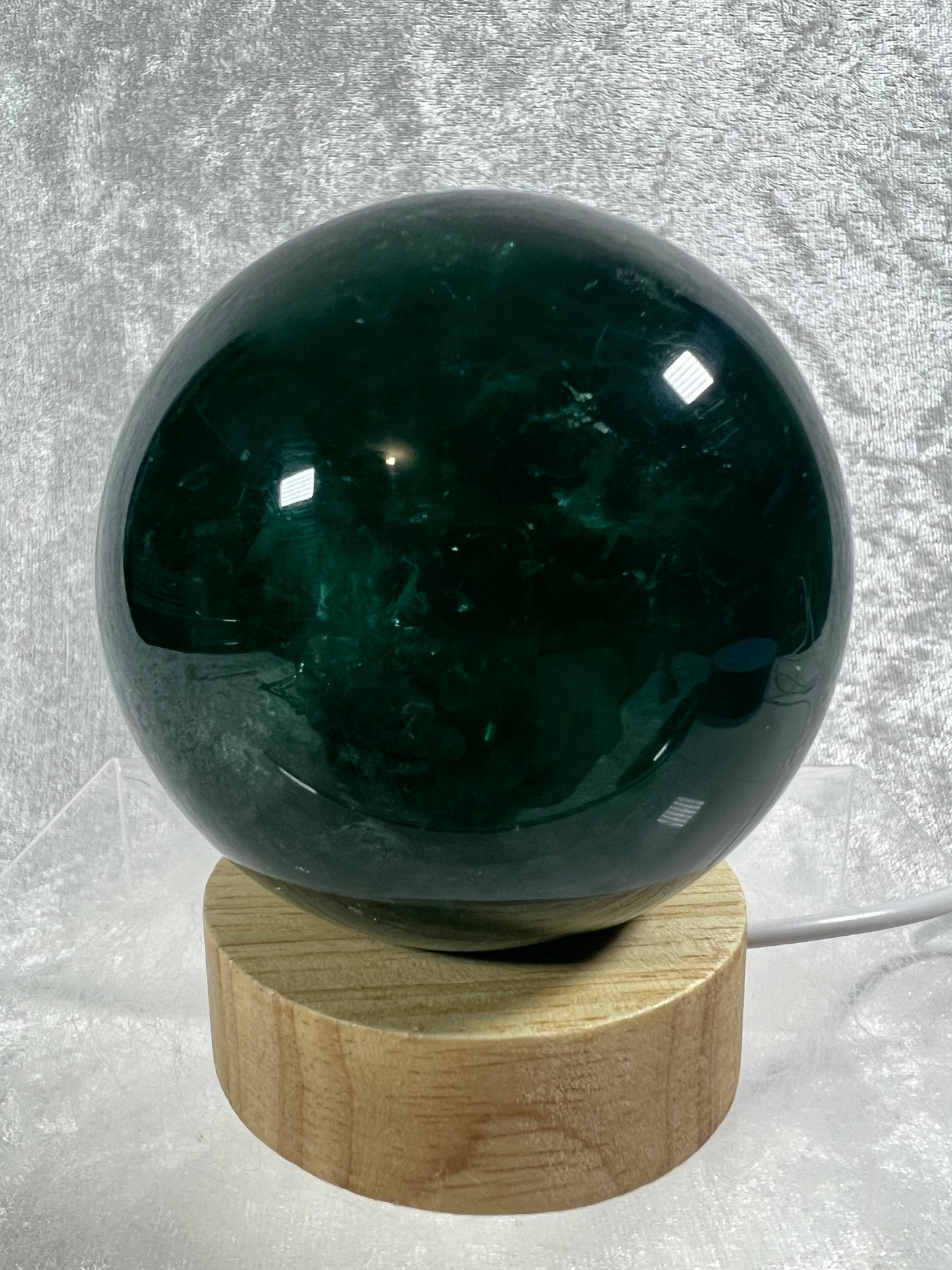 Green Fluorite Sphere. 76mm. Rare Emerald Green Fluorite. Comes With A White Light Stand. Gorgeous High Quality Crystal