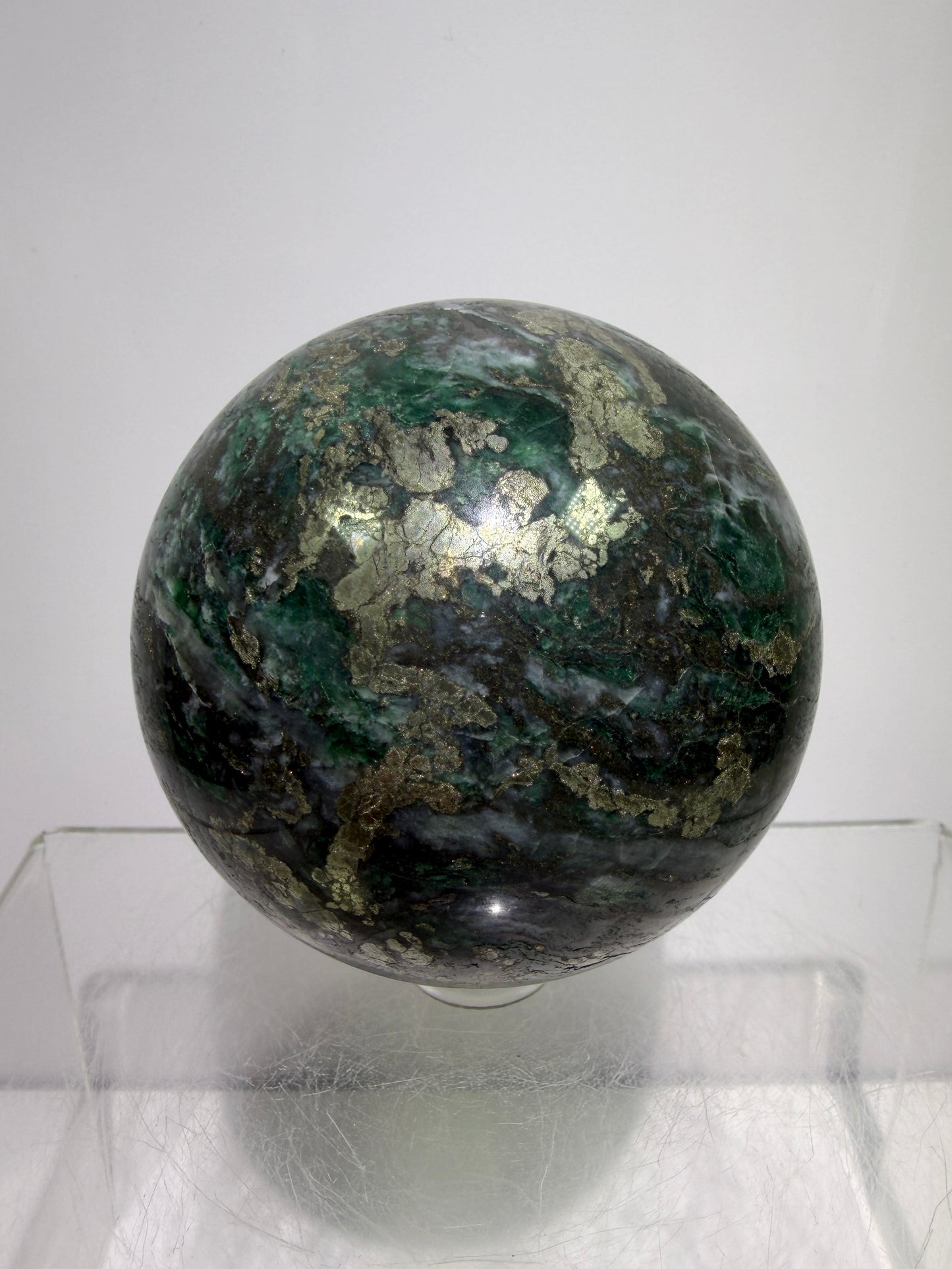 Atacamite And Pyrite Sphere. 64mm. High Quality Rare Sphere. Gorgeous Color Combination.