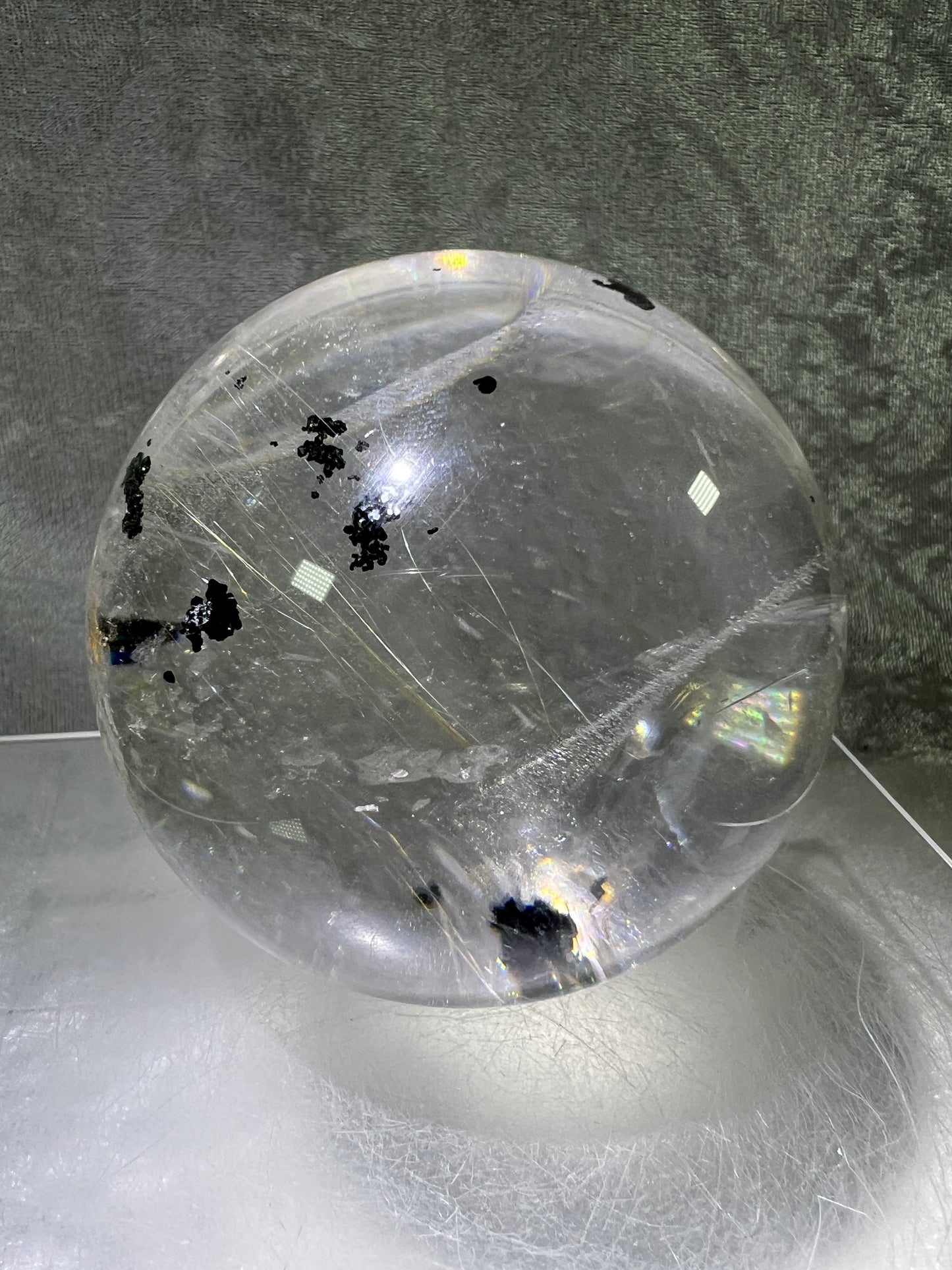 Rutile Quartz Sphere. 75mm. Large High Quality Display Sphere. Gorgeous Garden Quartz, Big Rainbows, And Golden Rutile Inclusions.