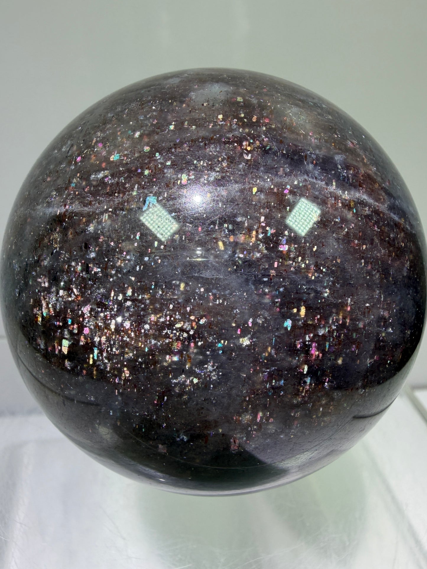 Bloodshot Iolite Sphere. 64mm. Stunning Galaxy Iolite Sunstone Display Sphere. Amazing And Colorful Flash!