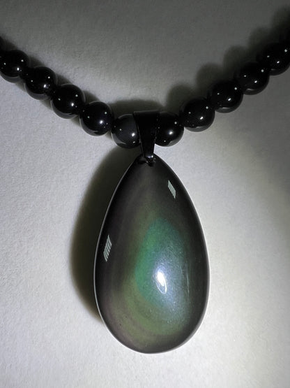 Rainbow Obsidian Pendant. Gorgeous Teardrop Cabochon. Custom Made Beaded Necklace. High Quality Jewelry