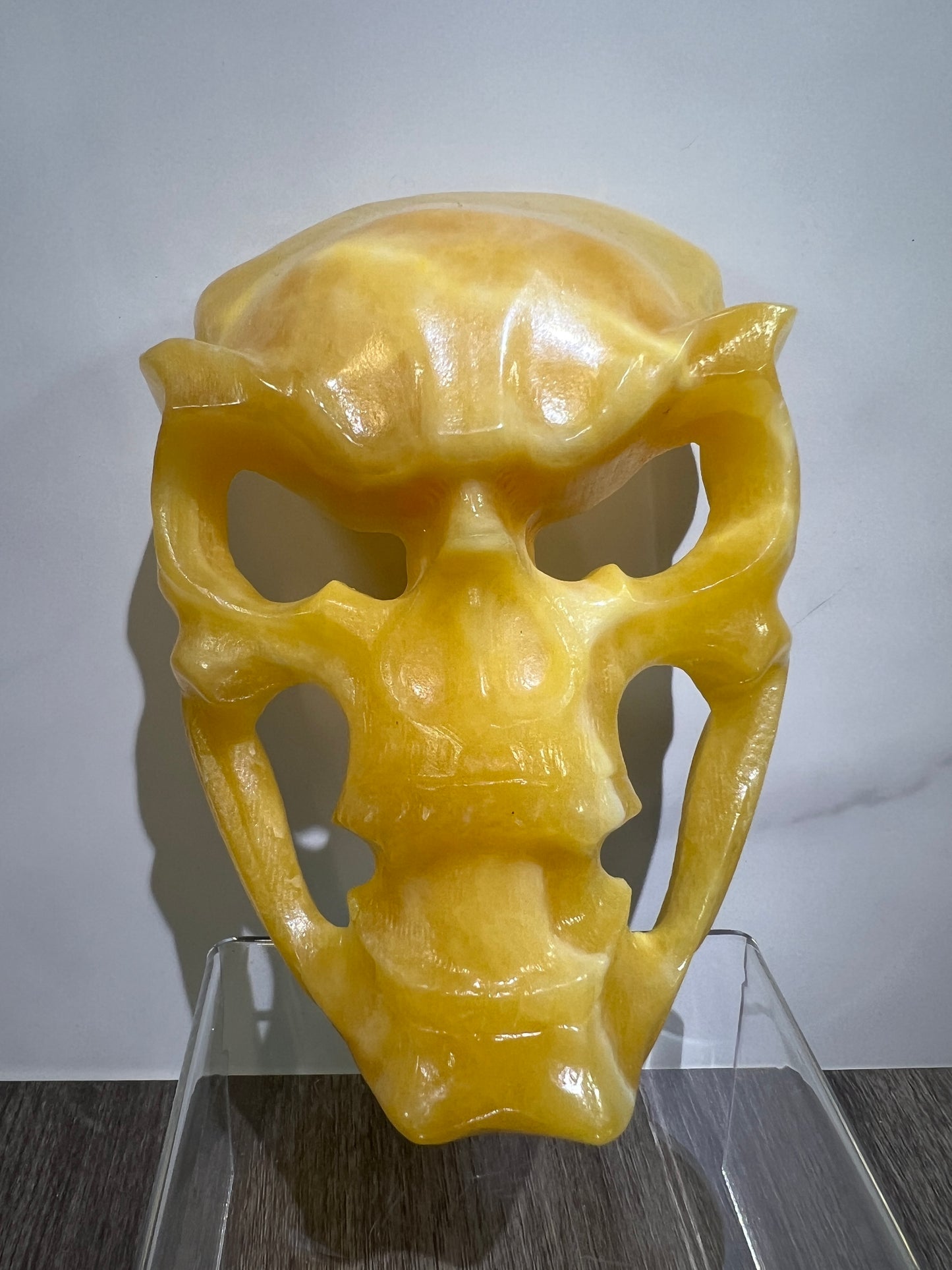 Carved Crystal Skull Mask. Amazing Orange Calcite Carving.