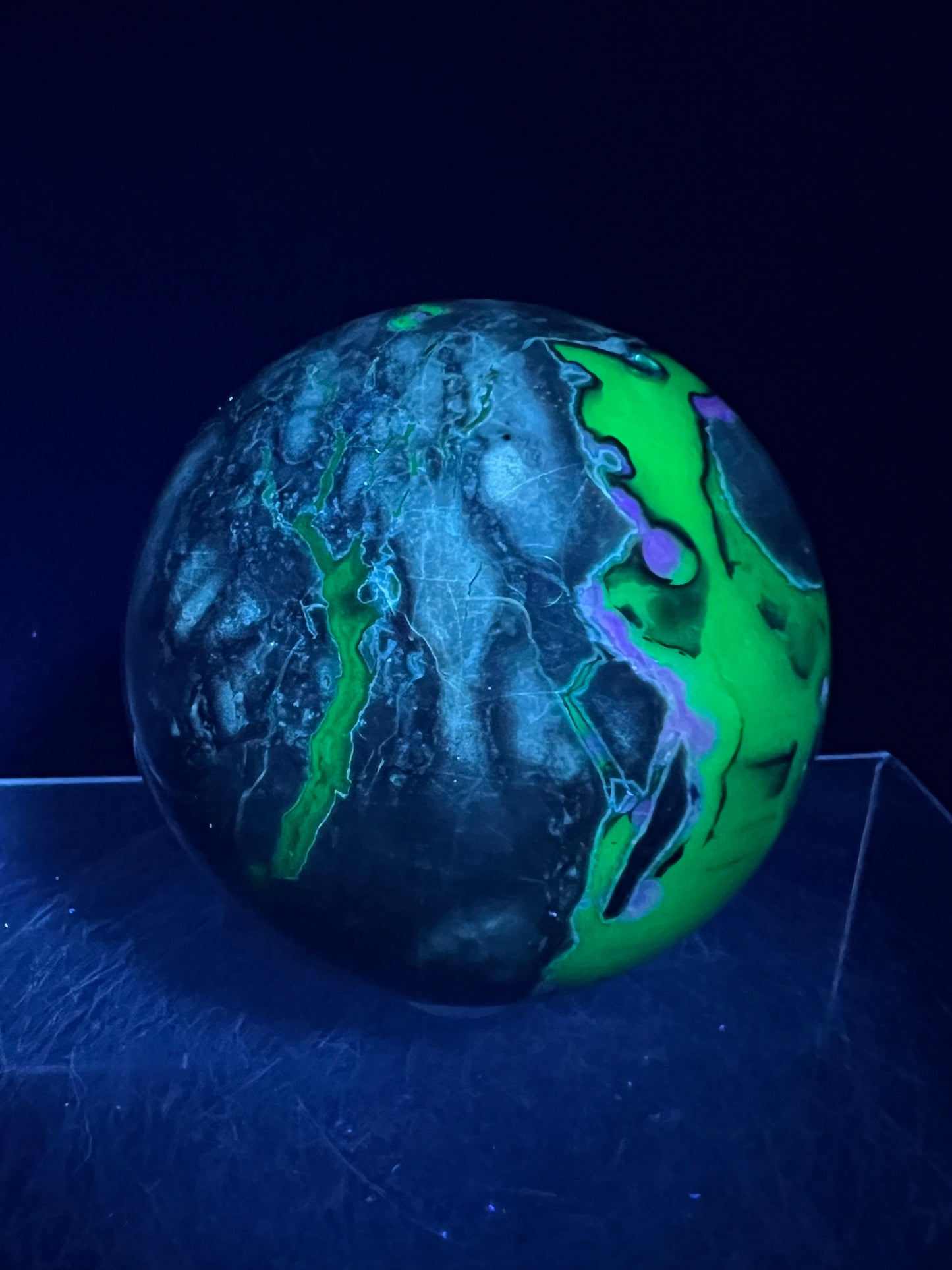 Volcano Agate With Purple Chalcedony Sphere. 68mm. Beautiful Rare Purple And Green UV Reaction. Amazing High Quality Display Sphere.