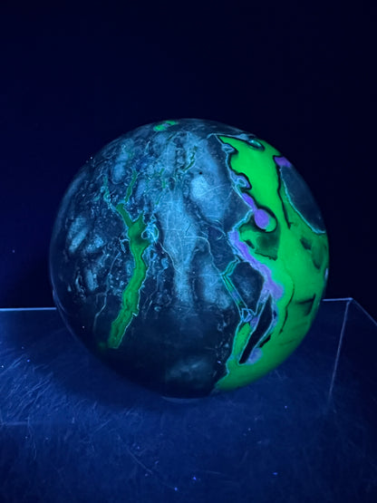 Volcano Agate With Purple Chalcedony Sphere. 68mm. Beautiful Rare Purple And Green UV Reaction. Amazing High Quality Display Sphere.