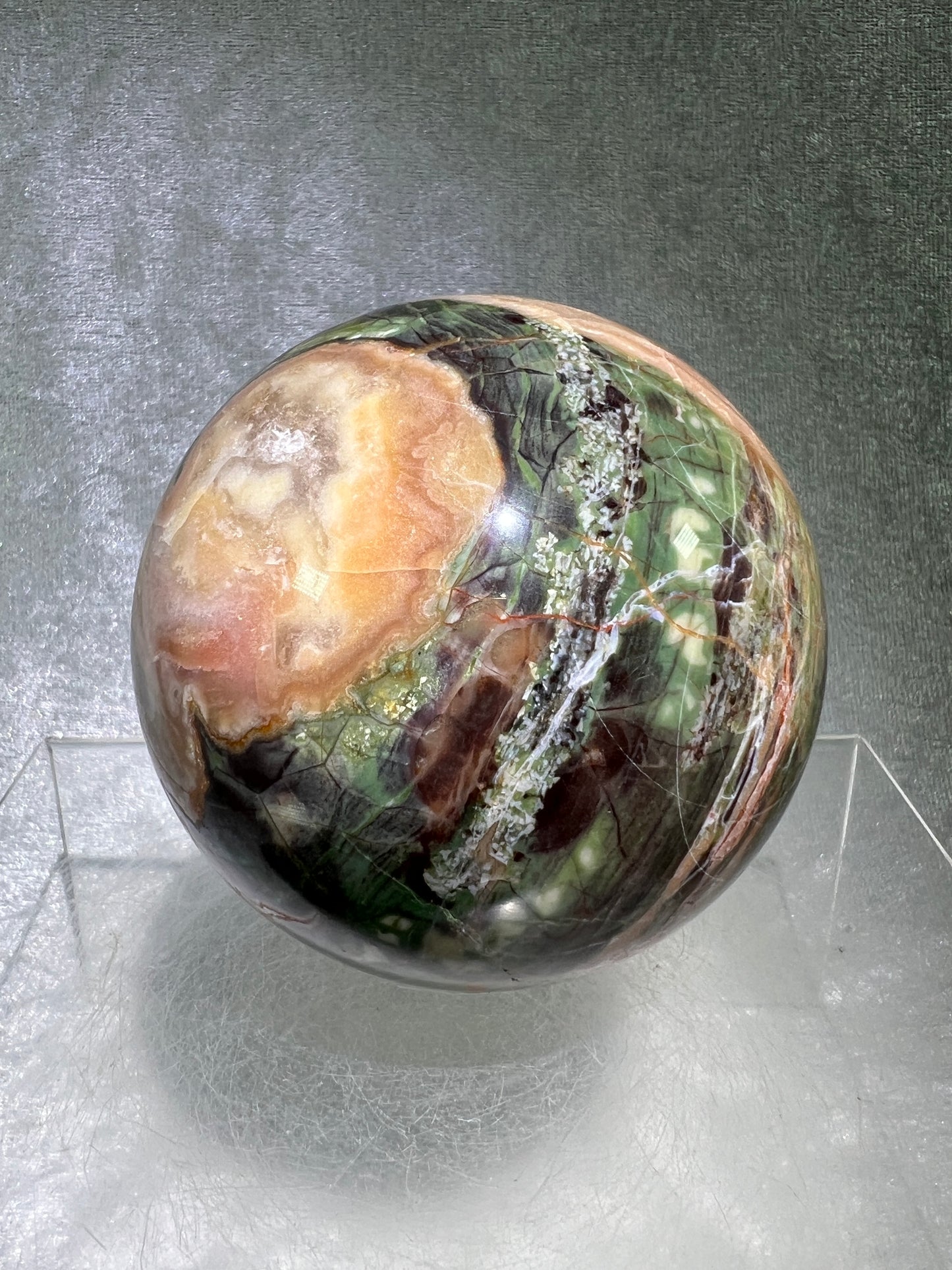 Money Agate Crystal Sphere. 78mm. Very Rare Shades Of Green. Stunning Indonesian Bloodstone. Amazing Colors And Patterns