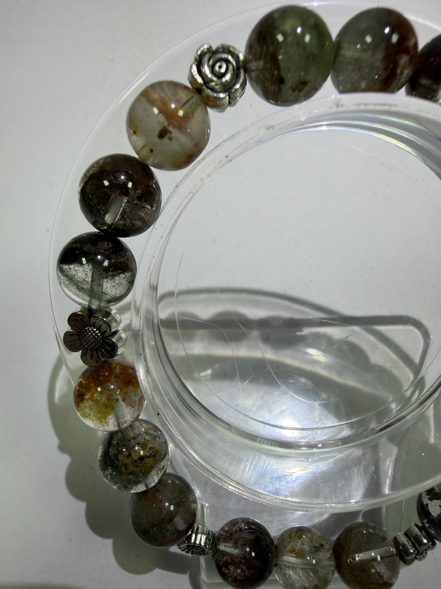 Garden Quartz Crystal Bead Bracelet. Incredible Lodolite Bracelet. 9.5mm. Amazing Flower Spacers.