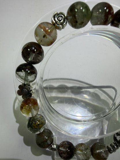 Garden Quartz Crystal Bead Bracelet. Incredible Lodolite Bracelet. 9.5mm. Amazing Flower Spacers.