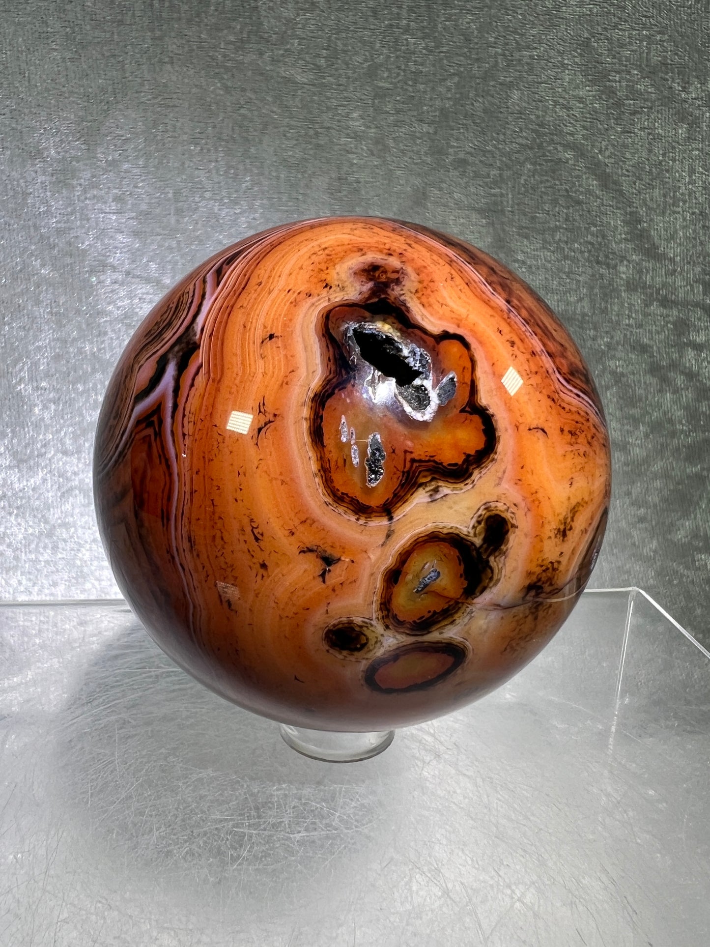 Silk Agate Sphere. 64mm. Amazing Banded Agate From Madagascar. Gorgeous Colors And Patterns On This Display Sphere.